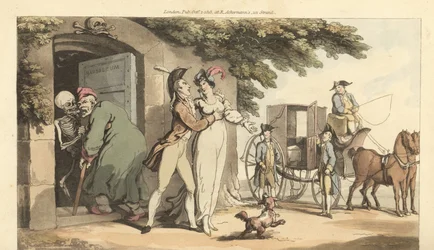 Dødens skjelett fører en gammel mann inn i et mausoleum, og lar den unge enken hans gifte seg på nytt. Håndfarget kobberplate tegnet og gravert av Thomas Rowlandson fra The English Dance of Death, Ackermann, London