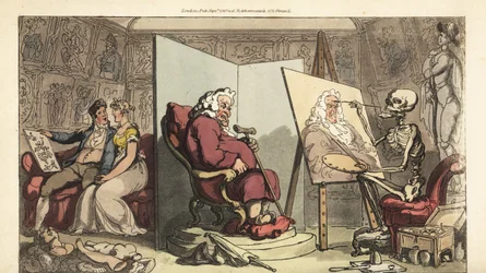 Skjelettet til Døden maler et portrett av en rådmann, mens den unge tjenestejenta hans flørter med en galant kunstner bak skjermen. Håndfarget kobberplate tegnet og gravert av Thomas Rowlandson fra The English Dance of Death, Ackermann, London
