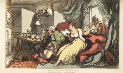 Dødens skjelett skjenker et fatalt glass vin for den gamle narren Sir Peter på bryllupsreisen, mens hans unge kone Julia flørter med major Henry ved vinduet. Håndfarget kobberplate tegnet og gravert av Thomas Rowlandson fra The English Dance of Death, A