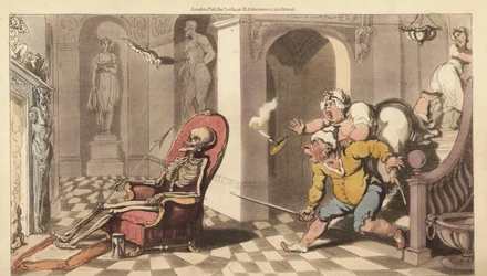 Dødens skjelett sitter i portnerstolen til et flott hus, mens de livredde tjenerne kommer ned trappene for å undersøke. Håndfarget kobberplate tegnet og gravert av Thomas Rowlandson fra The English Dance of Death, Ackermann, London