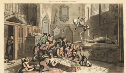 Dødens skjelett ser på antikvarier grave opp en konges lik fra en krypt i en kirke. Håndfarget kobberplate tegnet og gravert av Thomas Rowlandson fra The English Dance of Death, Ackermann, London