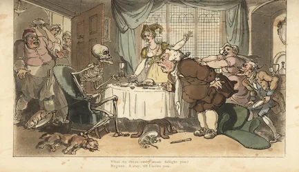 Dødens skjelett med dart og timeglass kommer for fråtseren mens han fester til middag. Håndfarget kobberplate tegnet og gravert av Thomas Rowlandson fra The English Dance of Death, Ackermann, London