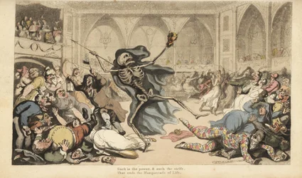 Skjelettet til Døden med pilen hans forårsaker et opprør blant harlekiner, jockeyer, nonner, tyrkere og tullinger på et maskeradeball. Håndfarget kobberplate tegnet og gravert av Thomas Rowlandson fra The English Dance of Death, Ackermann, London