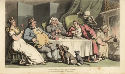 Skjelettet til Døden med timeglass kommer for den syke mannen mens han spiser velling ved spisebordet sammen med drikkekompisene foran peisen. Håndfarget kobberplate tegnet og gravert av Thomas Rowlandson fra The English Dance of Death, Ackerman