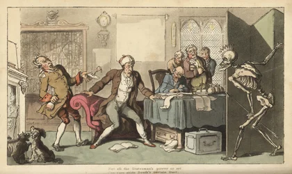 Statsmannen på kontoret hans er overrasket over skjelettfiguren Døden med kronen og pilen som dukker opp bak en skjerm. Håndfarget kobberplate tegnet og gravert av Thomas Rowlandson fra The English Dance of Death, Ackermann, London