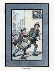 To avisleverandører med lange fløyter som selger aviser i en gate i London. Tregravering, basert på et maleri av Thomas Rowlandson (1756-1827), publisert i The Cris of London: med seks sjarmerende barn og nesten 40 illustrasjoner, av Andrew Tuer,
