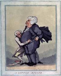 Litt større. Tegning av Thomas Rowlandson (1756-1827). Etsning og akvarell, 41 x 31,9 cm