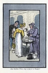 Kvinne som selger mugger, tekanner og boller har et gatehjørne. En elegant ung kvinne ser på varene. Tregravering, basert på et maleri av Thomas Rowlandson (1756-1827), publisert i The Cris of London: med seks sjarmerende barn og nesten 40 illust.