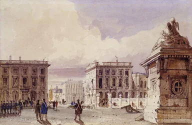 Hotel de Bellevue og Cafe d"Amitie sett fra parken, Brussel, 1830
