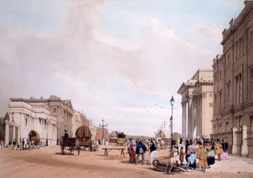 Hyde Park Corner, ser nedover Piccadilly, fra "London as it is Drawn from Nature" 1842