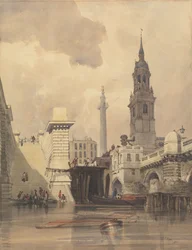 The Church of St. Magnus the Martyr, London Bridge, med monumentet i bakgrunnen