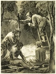 Robinson Crusoe og Fredag bygger et telt for å huse Fredags far og spanjolen, fra Robinson Crusoes liv og merkelige, overraskende eventyr, sjømann fra York av Daniel Defoe