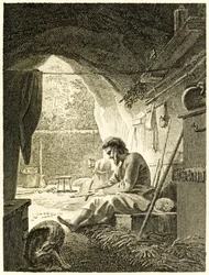 ?Robinson Crusoe på jobb i hulen sin? fra ?The Life and Strange Surprising Adventures of Robinson Crusoe, or York, Mariner? av Daniel Defoe