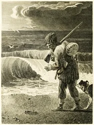«Robinson Crusoe oppdager avtrykket av en manns fot» fra «Robinson Crusoes liv og merkelige overraskende eventyr, sjømann fra York» av Daniel Defoe