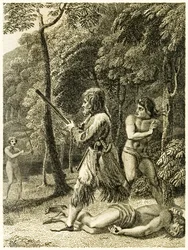 ?Robinson Crusoe først ser og redder mannen sin fredag? fra ?The Life and Strange Surprising Adventures of Robinson Crusoe, or York, Mariner? av Daniel Defoe