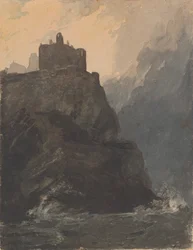 Castle on Cliff, med et stormfullt hav, og skipsvrak ved Base of Cliff