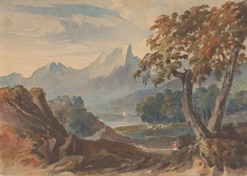 Landskap med fjell, Lake Castle, sittende figur i forgrunnen