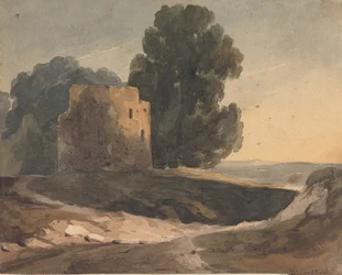 Landskap med ødelagt slott, trær