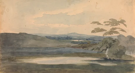 Landskap med trær og fjell, innsjø i forgrunnen