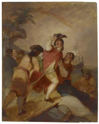 Robinson Crusoe og hans mann forlater fredag øya, ca. 1856