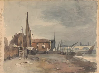 Strandscene med bygninger og båter