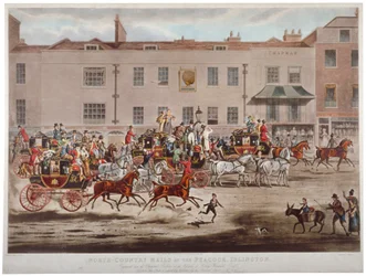 Postdiligencer foran Peacock Inn på Islington High Street, London, 1823