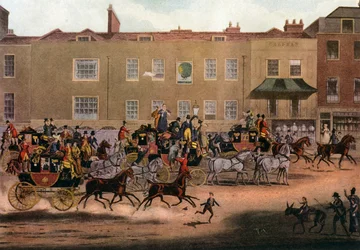 Nordlige postvogner ved Peacock, Islington, 1823, 1927
