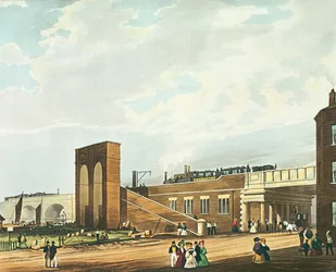 Inngang til Manchester Across Water Street, gravert av Henry Pyall (1795-1833) utgitt av Ackermann und Co., 1831 (farget akvatint)