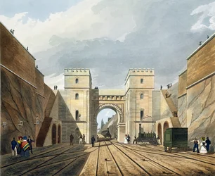 Maurisk bue, sett fra tunnelen, plansje 10 fra «Liverpool and Manchester Railway», gravert av S.G. Hughes, utgitt av R. Ackermann, 1831