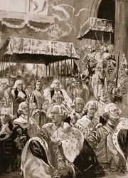 Prosesjonen fra Westminster Hall ved kroningen av Georg III og dronning Charlotte, September 22nd, 1761, fra «The Illustrated London News», 1902