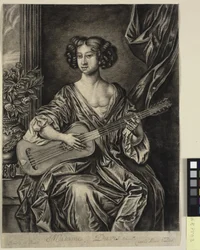 Lady spiller gitar, "Madame Davis"; etter Sir Peter Lelys malte portrett, ca. 1674 av Mary Davies i Earl of Bradford-samlingen
