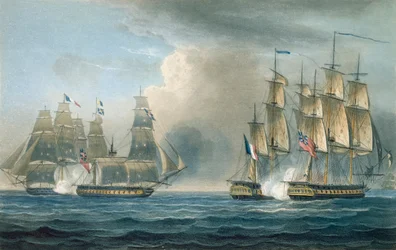 HMS Arethusas erobring av Pomone utenfor Cuba i 1806, gravert av T. Sutherland for «The Naval Chronology of Great Britain» av J. Ralfe, utgitt 1820