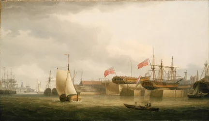 Skipsverft på Themsen (England), i Redriff, overfor tårnet til Saint Anne#39;s Church i Limehouse. Olje på lerret