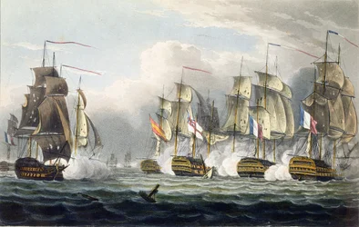 HMS Bellerophons situasjon etter at dens kommandør kaptein Cooke døde i slaget ved Trafalgar, 21. oktober 1805, gravert av T. Sutherland for «The Naval Chronology of Great Britain»