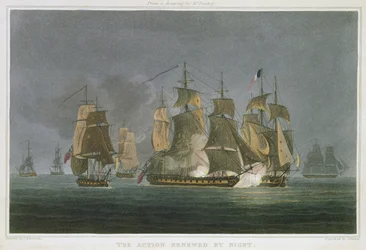 The Action Renewed by Night, utenfor Madagaskar, 20. mai 1811, gravert av J. Bailey for 