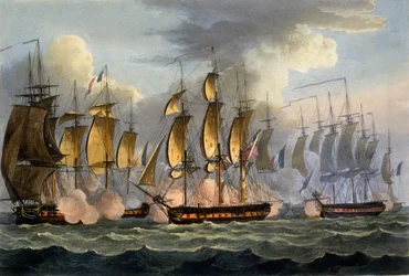Erobringen av La Prévoyante og La Raison, 17. mai 1795, fra «Storbritannias marinebedrifter» av James Jenkins, gravert av Thomas Sutherland, utgitt 1817