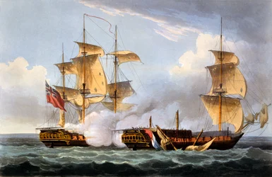 Erobringen av La Vestale, 20. august 1799, fra «Storbritannias marinebragder» av James Jenkins, gravert av Thomas Sutherland, utgitt 1817