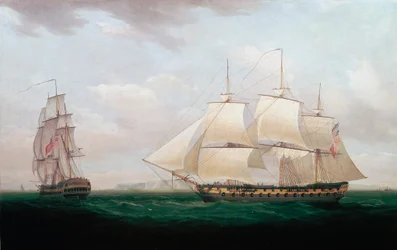 To østindiamenn utenfor en kyst, Thomas Whitcombe, c1850