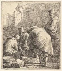 Mann som justerer fottøyet sitt, til venstre tre menn som spiller kort, 1630-77.