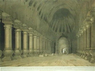 Interiør av et utgravd hinduistisk tempel på øya Salsette, plate 63 fra 