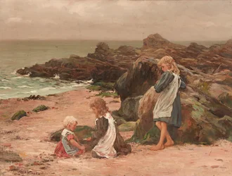 Barn på en steinete strand (olje på lerret)