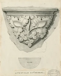 Interiør i Lichfield Cathedral - Utskåret løvverk: litografi og [? 1800-tallet] (trykk)