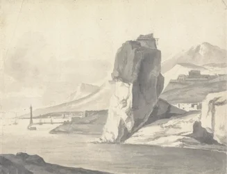 En kystscene (italiensk) med molo, høye klipper og et fort
