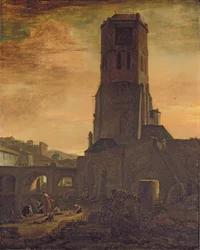 Vaskekvinner ved foten av et tårn (olje på panel)