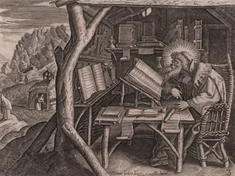Den hellige Evagrius Ponticus fordypet i sine studier, etsing og gravering av Thomas de Lieu (1560-1612)