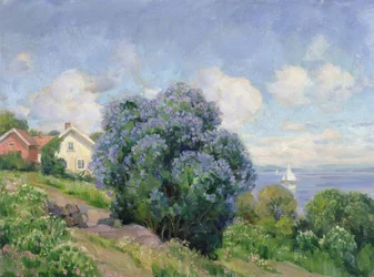 Sommerlandskap med syrinbusk, hus og seilbåt (olje på lerret)