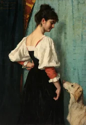 Portrett av en ung kvinne med hunden Puck