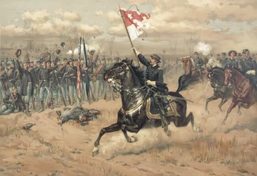 Sheridans berømte tur i slaget ved Cedar Creek Virginia i 1864 (farge litho)
