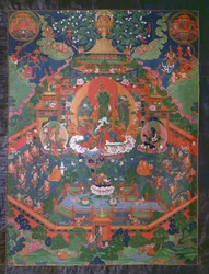 Thangka som viser Green Tara (gouache på tekstil)