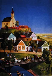 Den typiske ungarske landsbyen, illustrasjon fra en turistbrosjyre, ca. 1930-40 (farge litho)